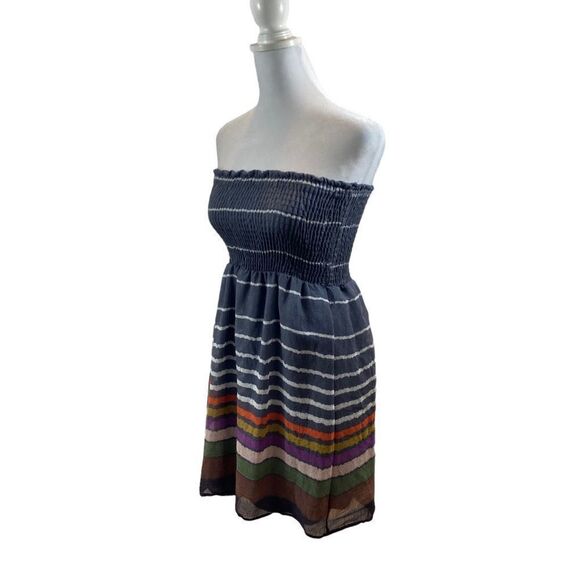 Hello Miss Strapless‎ Shirred Top Mini Dress Grey with Stripes Size Small - Picture 2 of 14